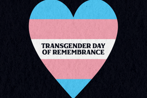 Heart in the colours of the trans flag with the text 'Transgender Day of Remembrance'.