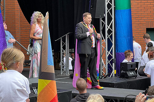 Louie Hamblett on stage at Oldham Pride