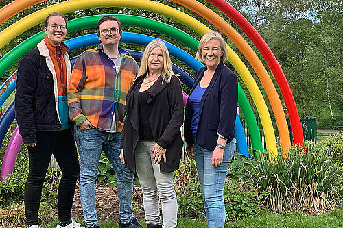 Mayoral candidate Jake Austin with Hazel Grove parliamentary candidate Lisa Smart and his ward colleagues Frankie Singleton and Wendy Miekle