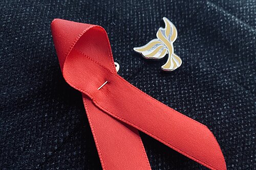 Red ribbon alongside an enamel Lib Dem Libby bird pin.