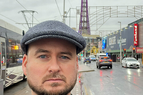 Andrew Cregan in front of Blackpool Tower